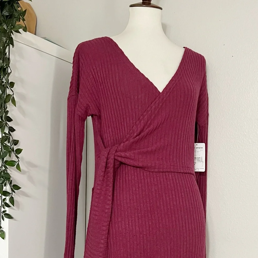 Free‎ People Burgundy Long Sleeve V Neck Tunic Top Wrap Tie